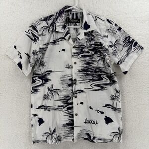 Favant Shirt Mens Medium White Hawaii Map Palm Tree Hawaiian Aloha Button Front
